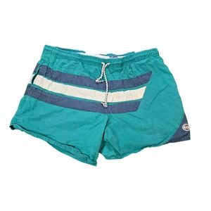 Vintage Catalina Cotton Striped Swim Trunks Men's Size L Teal Shorts Mesh Lined